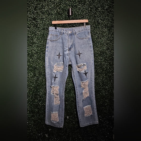 SHEIN Blue Distressed Jeans with Star Details - Picture 1 of 5